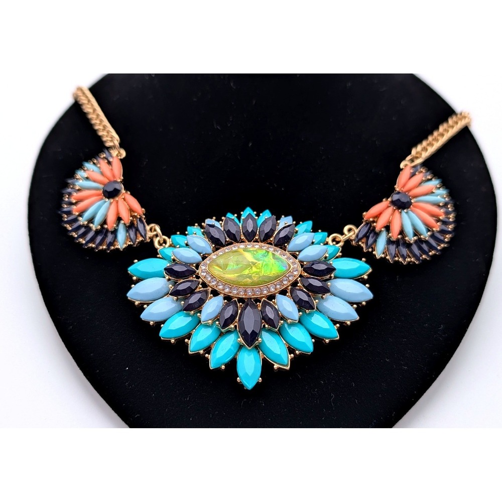 Mila Statement Necklace Gold Tone Teal Blue Coral Sunburst Bib Resin Stones